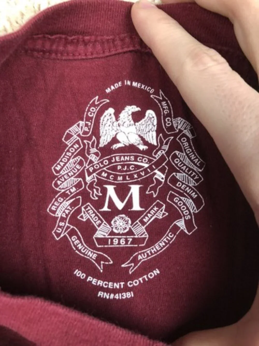 Polo Jeans Company Long Sleeve T-Shirt Adult Size Medium Red Burgundy Spell Out